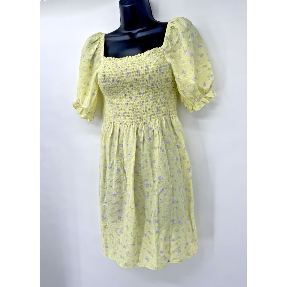 Cottagecore ditzy Floral‎ Smocked Dress puff sleeve prairie butter yellow S